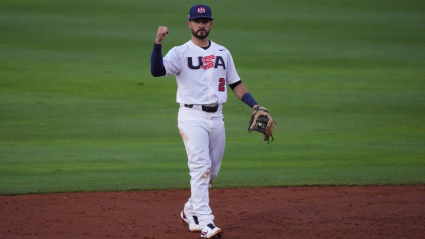 PORT ST. LUCIE, FLORIDA – JUNE 05:  Eddy Alvarez #2 of the United States in action against Venezuela during the WBSC Baseball Americas Qualifier Super Round at Clover Park on June 05, 2021 in Port St. Lucie, Florida. (Photo by Mark Brown/Getty Images)