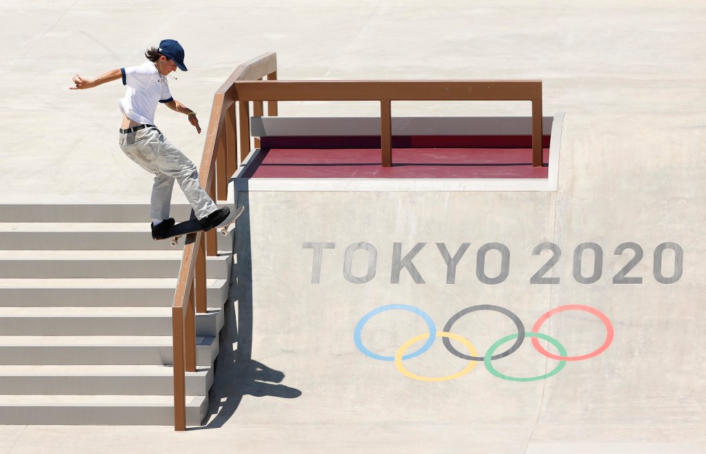 Alexis Sablone of Team United States practices on the skateboard street course ahead of the Tokyo 2020 Olympic Games on July 21, 2021 in Tokyo, Japan. Skateboarding is one of new sports at 2021 Olympics Summer Games.