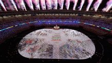 Fireworks explode during the Opening Ceremony of the Tokyo 2020 Olympic Games at Olympic Stadium on July 23, 2021 in Tokyo, Japan.