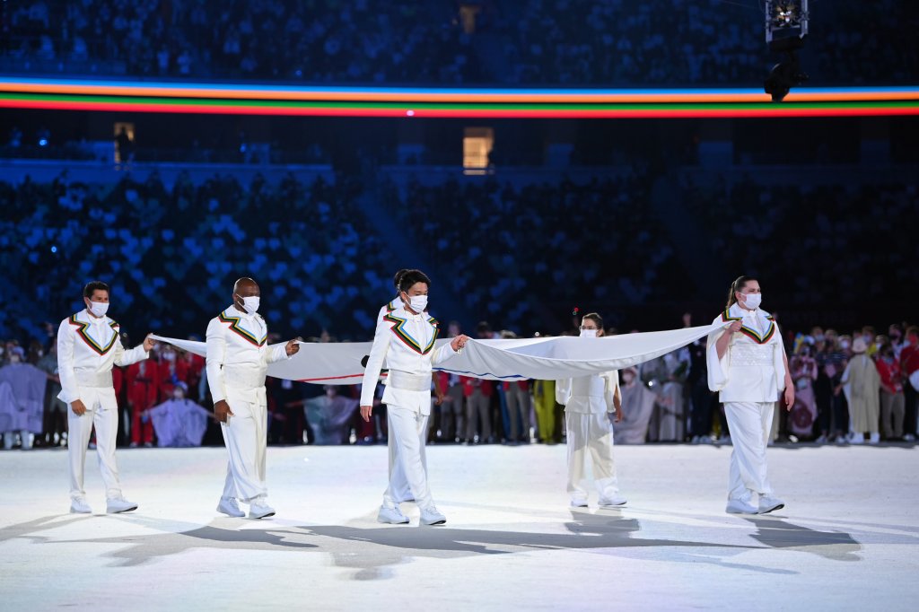 The Olympic flag is carried into the stadium during the Opening Ceremony of the Tokyo 2020 Olympic Games at Olympic Stadium on July 23, 2021 in Tokyo, Japan.