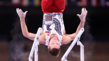 Samuel Mikulak of Team USA competes on parallel bars during Men's Qualification on day one of the Tokyo 2020 Olympic Games at Ariake Gymnastics Centre on July 24, 2021 in Tokyo, Japan.