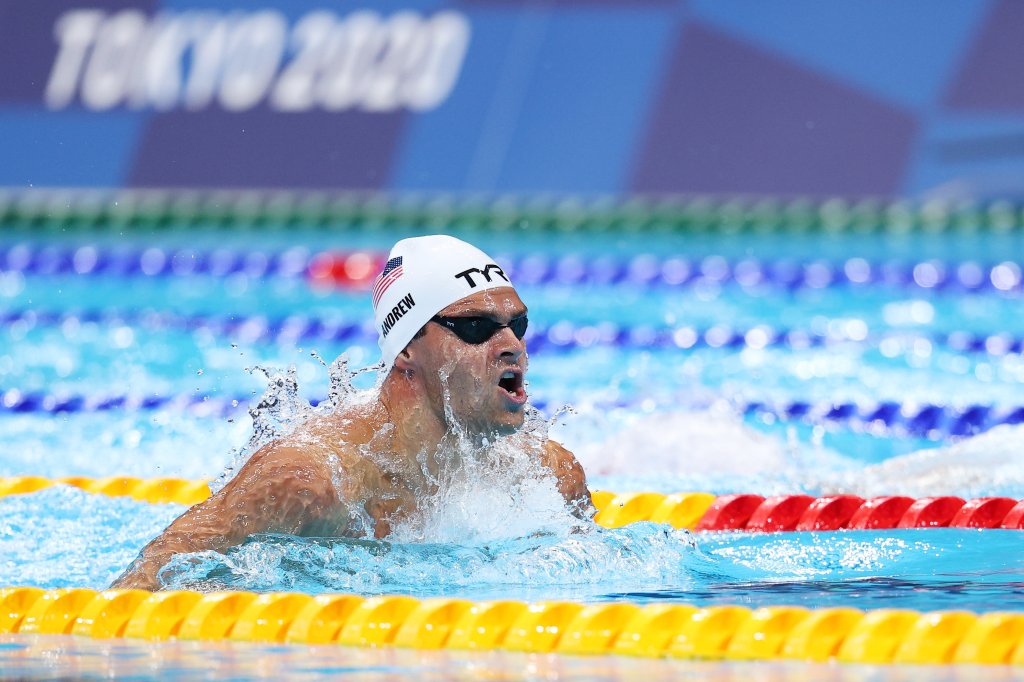 Michael Andrew of Team United States competes in heat five of the Men's 100m Breaststroke on day one of the Tokyo 2020 Olympic Games at Tokyo Aquatics Centre on July 24, 2021 in Tokyo, Japan.