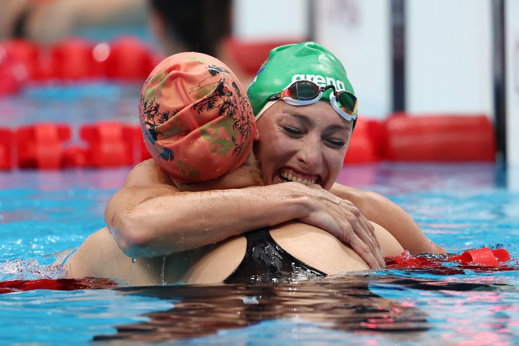 Tatjana Schoenmaker of Team South Africa celebrates after she broke the Olympic record in the Women's 200m Breaststroke at Tokyo Aquatics Centre on July 28, 2021 in Tokyo, Japan.