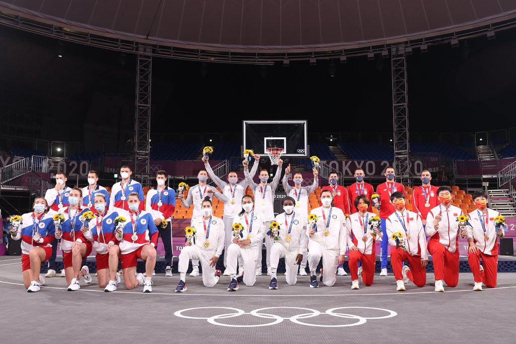 Gold medalists Team Latvia and Team USA, Silver medalists Team ROC and Team ROC, and Bronze medalists Team Serbia and Team China pose with their medals in the 3x3 Basketball competition on day five of the Tokyo 2020 Olympic Games at Aomi Urban Sports Park on July 28, 2021 in Tokyo, Japan.