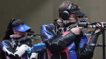 Mary Carolynn Tucker and Lucas Kozeniesky of Team United States during the 10m Air Rifle Mixed Team Gold Medal match on day four of the Tokyo 2020 Olympic Games at Asaka Shooting Range on July 27, 2021 in Asaka, Saitama, Japan.