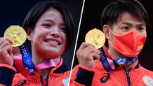 Abe siblings Uta, left, and Hifumi, right, became the first sibling duo to win gold medals at the same Olympics on July 25, 2021, in Tokyo.
