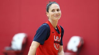 LAS VEGAS, NV -  JULY 17: Sue Bird #6 of the USA Basketball Womens National Team smiles during USAB Womens National Team practice at the Mendenhall Center on July 17, 2021 in Las Vegas, Nevada.