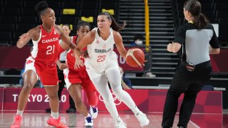 Jul 26, 2021; Saitama, Japan; Serbia player Ana Dabovic (23) dribbles while being defended by Canada player Nirra Fields (21) during the Tokyo 2020 Olympic Summer Games at Saitama Super Arena.