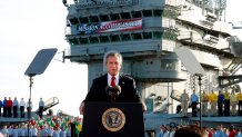 President George W. Bush declares the end of major combat in Iraq as he speaks aboard the aircraft carrier USS Abraham Lincoln, May 1, 2003.