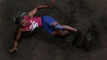 Juvaughn Harrison, of the United States, competes during the finals of the men's long jump at the 2020 Olympics, Monday, Aug. 2, 2021, in Tokyo, Japan.