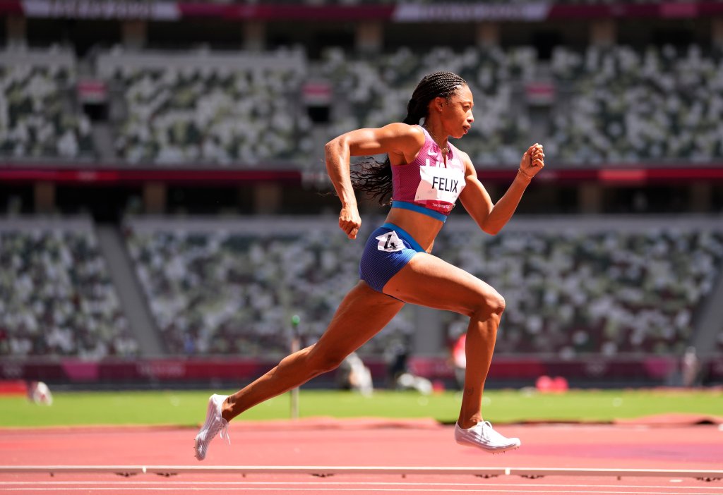 Allyson Felix, of United States races in a women's 400-meter heat at the 2020 Summer Olympics, Tuesday, Aug. 3, 2021, in Tokyo, Japan.