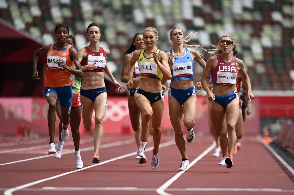 Netherlands' Sifan Hassan (2nd L) wins ahead of Australia's Jessica Hull (C) and USA's Elinor Purrier (R) the women's 1500m heats during the Tokyo 2020 Olympic Games at the Olympic Stadium in Tokyo on August 2, 2021.
