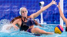 TOKYO, JAPAN - JULY 30: Makenzie Fischer of United States, Anastasia Fedotova of ROC during the Tokyo 2020 Olympic Waterpolo Tournament women match between United States and ROC at Tatsumi Waterpolo Centre on July 30, 2021 in Tokyo, Japan.