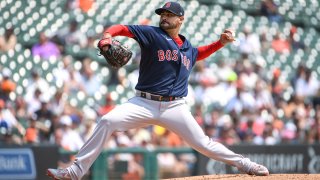 Martin Perez of the Boston Red Sox delivers a pitch against the Detroit Tigers at Comerica Park in Detroit on Aug. 5, 2021.