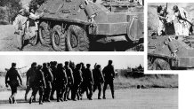 Top, right: Rebel Muslim fighters inspect a captured Soviet tank near Asmar, Afghanistan, Dec. 27, 1979. Bottom: A squad of Soviet troops with automatic weapons marches on the Kabul Airport tarmac Dec. 30, 1979.