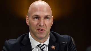 FILE - In this Tuesday, Feb. 11, 2020, file photo, Rep. Anthony Gonzalez, R-Ohio, speaks during a Senate Commerce subcommittee hearing on Capitol Hill in Washington, on intercollegiate athlete compensation. Federal legislation setting guidelines for college athletes to pursue money-making opportunities could be proposed within a month, and Gonzalez, who is planning to introduce it, said Thursday, June 4, 2020, there will be no blanket antitrust exemption for the NCAA.