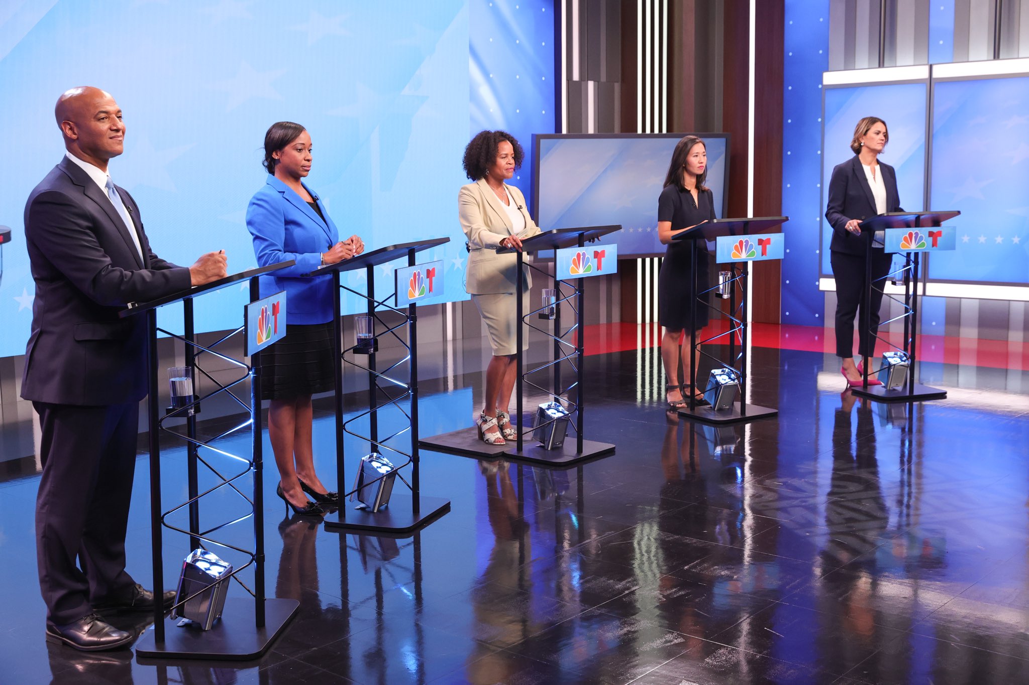 The five candidates running to be mayor of Boston at a debate hosted by NBC10 Boston on Wednesday, Sept. 8, 2021. From left: John Barros, Andrea Campbell, Kim Janey, Michelle Wu and Annissa Essaibi George.