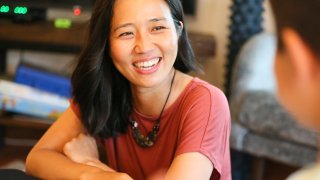 Roslindale, MA – July 16: Mayoral candidate Michelle Wu laughs while playing with her sons at her home in Roslindale, MA on July 16, 2021. (Photo by Christiana Botic for The Boston Globe via Getty Images)