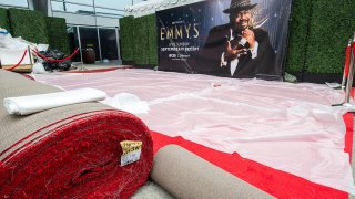 The red carpet area is readied for the Emmy Awards 2021 at L.A. Live, in Los Angeles