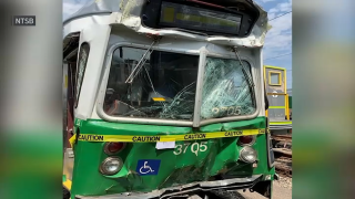 An image of a crashed MBTA Green Line trolley on July 30, 2021.