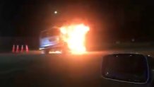 This is an image from video taken by Kevin Karlson as he drove past the expressway crash Friday morning.