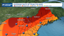 A map showing average peak foliage color change dates in New Hampshire, Vermont and New England