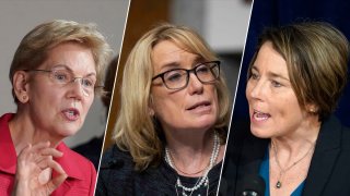 Senator Elizabeth Warren (left), Senator Maggie Hassan (center) and Massachusetts Attorney General Maura Healey (right).