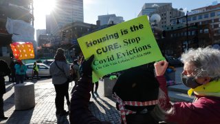 tenants rights advocates demonstrate outside the Edward W. Brooke Courthouse in Boston