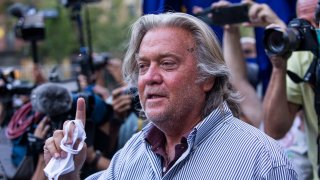 President Donald Trump's former chief strategist Steve Bannon speaks with reporters after pleading not guilty to charges that he ripped off donors to an online fundraising scheme to build a southern border wall, Thursday, Aug. 20, 2020, in New York.