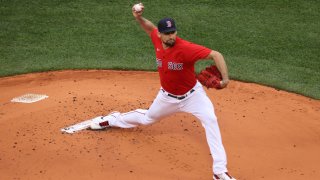Nathan Eovaldi pitches in the first inning. The Boston Red Sox host the Tampa Bay Rays in Game 3 of the ALDS at Fenway Park in Boston on Oct. 10, 2021.