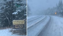 Snow falls on the Kancamugas Pass in New Hampshire on Monday, Oct. 25, 2021