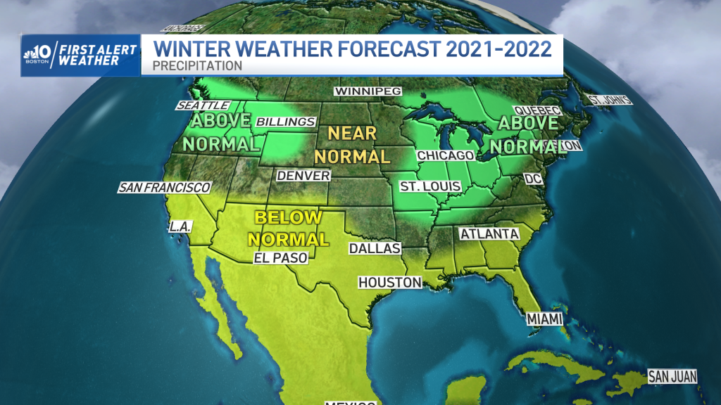 A map showing forecasted winter weather precipitation in the United States for the winter of 2021-22