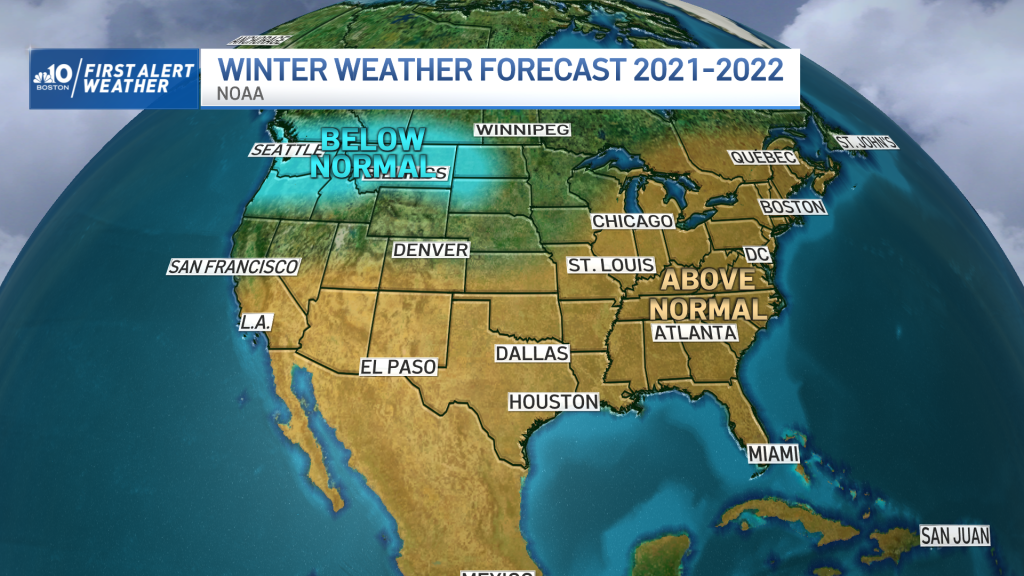 A map showing forecasted winter weather temperatures in the United States for the winter of 2021-22