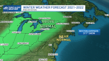 A map showing forecasted winter weather precipitation in New England for the winter of 2021-22