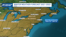 A map showing forecasted winter weather temperatures in New England for the winter of 2021-22