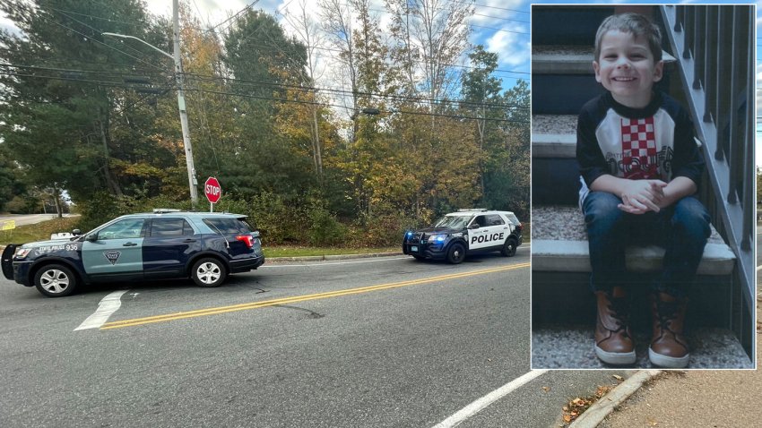 Police searching a park in Abington, Massachusetts, on Saturday, Oct. 23, 2021, in the investigation into the disappearance of Elijah Lewis, a 5-year-old boy from Merrimack, New Hampshire (seen inset).