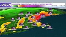 A map showing expected rainfall totals after a storm passes New England through Sunday, Oct. 31, 2021.