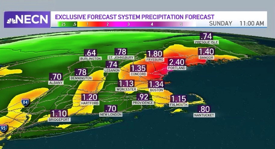 A map showing expected rainfall totals after a storm passes New England through Sunday, Oct. 31, 2021.