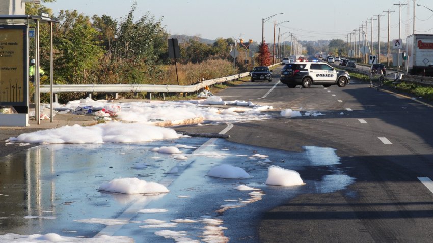 Cleanup is underway in Revere, Massachusetts, after a tractor trailer rollover crash spilled 10,000 gallons of fuel onto the road Wednesday.