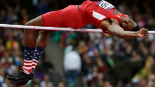 United States' Erik Kynard clears the bar in the men's high jump final during the athletics in the Olympic Stadium at the 2012 Summer Olympics, London, Tuesday, Aug. 7, 2012.