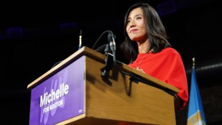 BOSTON, MA – NOVEMBER 02: Michelle Wu speaks to supporters at an election night event on November 2, 2021 in Boston, Massachusetts. Michelle Wu defeated fellow Democratic City Councilor Annissa Essaibi George and has been elected mayor, becoming the city’s first woman and person of color to hold the post. (Photo by Allison Dinner/Getty Images)