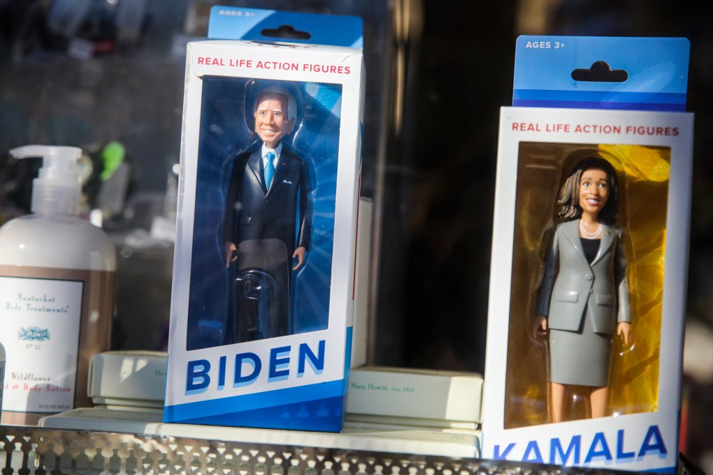 President Joe Biden and Vice President Kamala Harris depicted as dolls in a Nantucket storefront on Wednesday, Nov. 17, 2021.