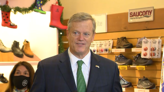 Gov. Charlie Baker speaks about the holiday season in Needham, Massachusetts, on Monday Nov. 22, 2021.