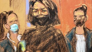 This courtroom sketch shows Ghislaine Maxwell (C) entering court followed by 2 US Marshalls, for her trial on charges of sex trafficking, in New York City, on December 2, 2021.