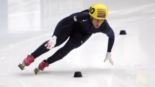 Allison Baver skates during the 444-meter trial at the U.S. short track speedskating championships Tuesday, Sept. 8, 2009 in Marquette, Mich.