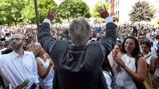 FILE - Robert F. Kennedy, Jr. speaks at a rally outside the Albany County Courthouse, Aug. 14, 2019, in Albany, N.Y., following a hearing about vaccine religious exemptions.