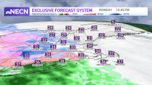 A map showing expected snow and ice accumulation across New England late Monday, Dec. 27, 2021.