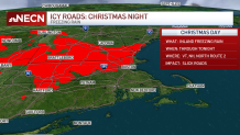 A map showing where icy roads will affect travel Christmas night in New England