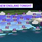 A map showing expected low temperatures overnight in New England