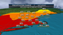 A map showing precipitation chances across New England on Saturday, Jan. 1, 2022.